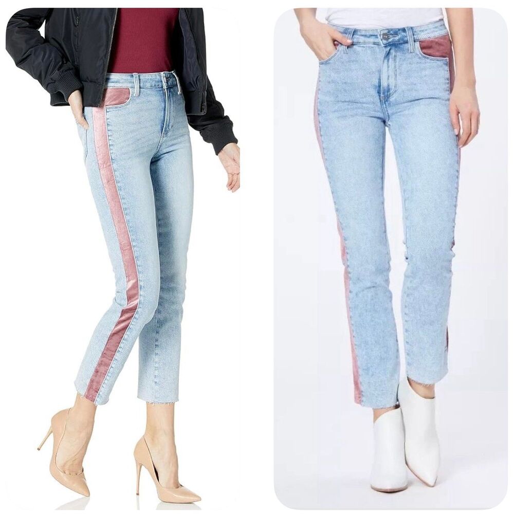 PAIGE Cindy High Rise Slim Straight Leg Ankle Jeans Indigo Velvet Rose Stripe 27